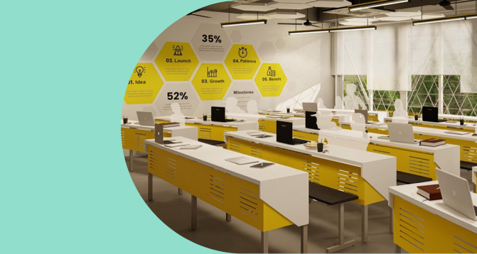 Modern laboratory at EKYA NAVA international school in Bangalore, featuring yellow workstations and wall graphics displaying learning metrics, demonstrating state-of-the-art facilities for IGCSE curriculum