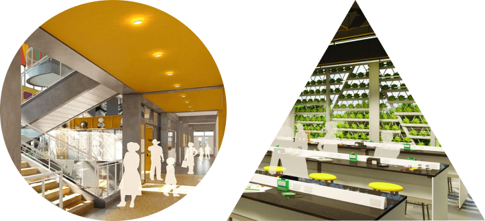 Split view of EKYA NAVA's interior featuring yellow-themed corridors with student silhouettes and advanced botany lab, representing innovative learning spaces at international schools in Panathur